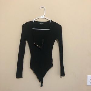 Black Henley button long sleeve bodysuit